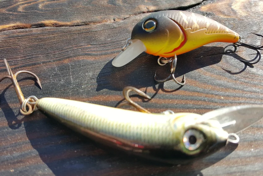 Two hard-bodied fishing lures with different profiles and diving bills lie on weathered wood, with their treble hooks visible in sunlight.