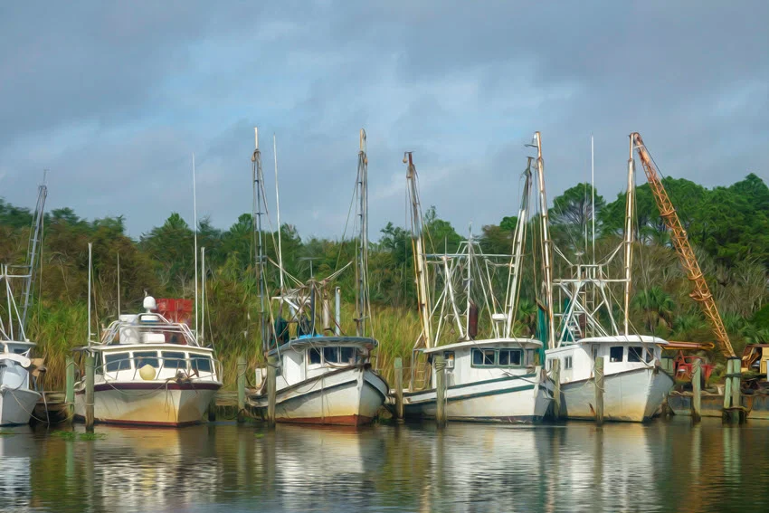 Charter fishing boat and three shrimp boats docked in a small harbor near a wildlife refuge in Apalachicola, Florida, USA, with digital oil-painting effect