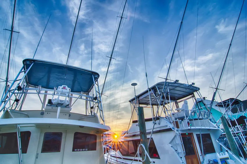 A view of sportfishing boats at marina early morning.
