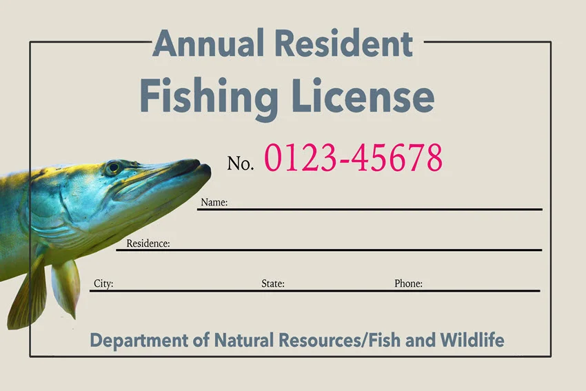 Generic mock fishing license with muskie illustration in 3D, highlighting sport fishing.